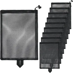 10 Pcs Mesh Drawstring Bag 10.5" x 14" with Handle & Cord Lock Closure, Heavy Duty Durable Nylon Mesh Bag for Beach Toys Swimming Gym Laundry Travel Mushroom Foraging (Black)