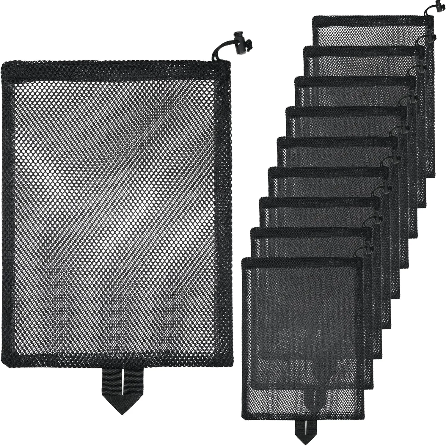 10 Pcs Mesh Drawstring Bag 10.5" x 14" with Handle & Cord Lock Closure, Heavy Duty Durable Nylon Mesh Bag for Beach Toys Swimming Gym Laundry Travel Mushroom Foraging (Black)