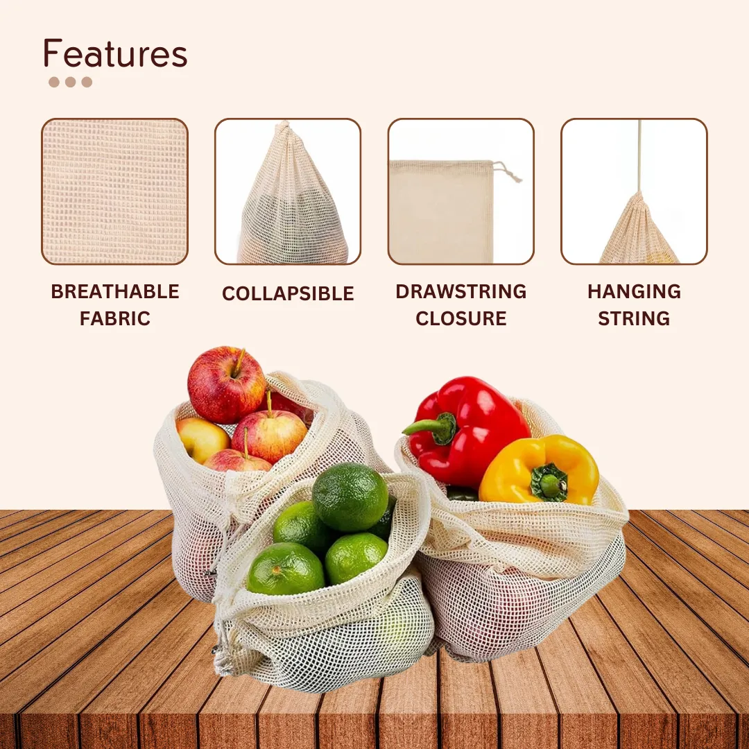 100% Cotton Mesh Net Vegetable Fruit Fridge Bag | Eco-friendly Natural White Washable Reusable Drawstring Zip Bags For Food Storage | Multipurpose Kitchen Organizer Grocery Bags