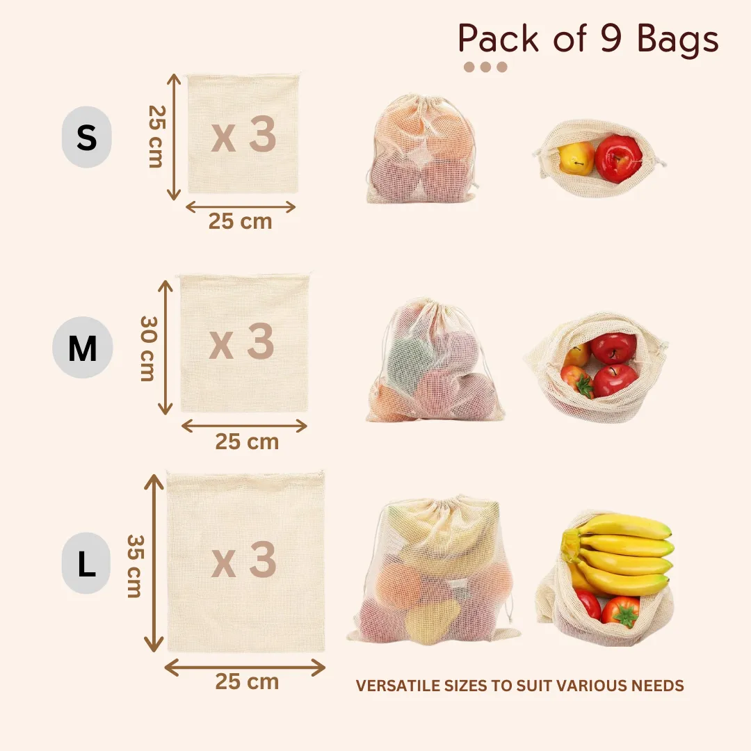100% Cotton Mesh Net Vegetable Fruit Fridge Bag | Eco-friendly Natural White Washable Reusable Drawstring Zip Bags For Food Storage | Multipurpose Kitchen Organizer Grocery Bags