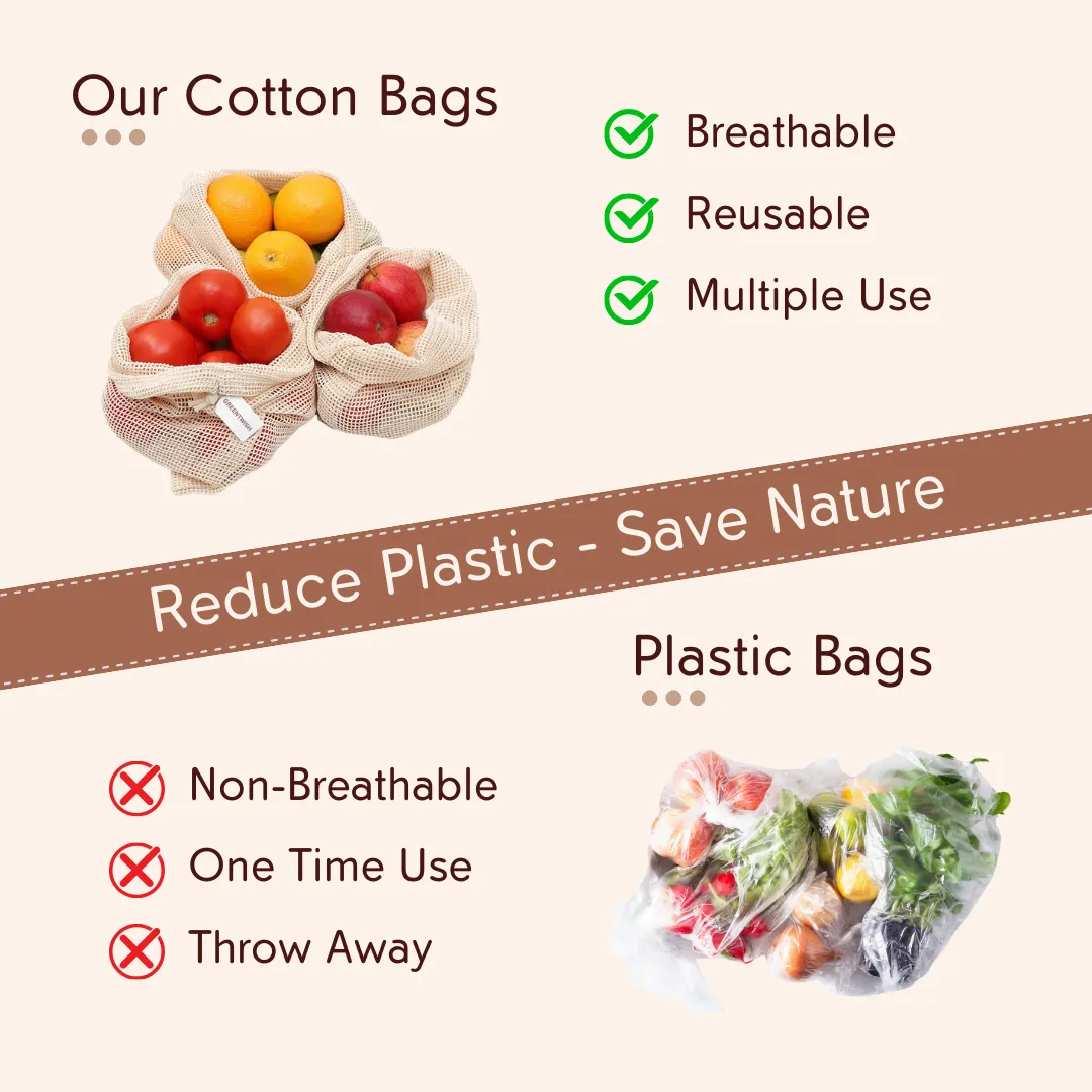 100% Cotton Mesh Net Vegetable Fruit Fridge Bag | Eco-friendly Natural White Washable Reusable Drawstring Zip Bags For Food Storage | Multipurpose Kitchen Organizer Grocery Bags