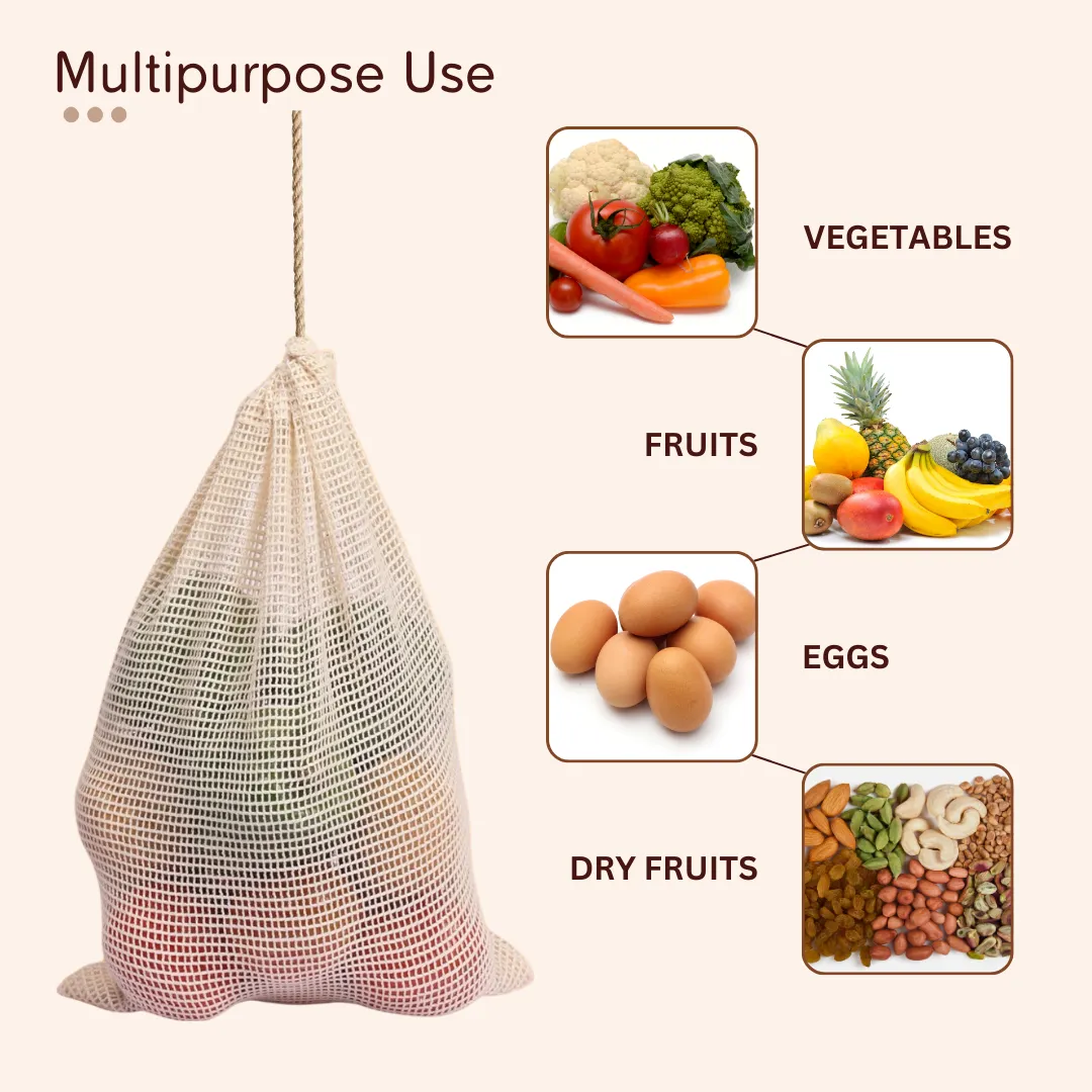 100% Cotton Mesh Net Vegetable Fruit Fridge Bag | Eco-friendly Natural White Washable Reusable Drawstring Zip Bags For Food Storage | Multipurpose Kitchen Organizer Grocery Bags