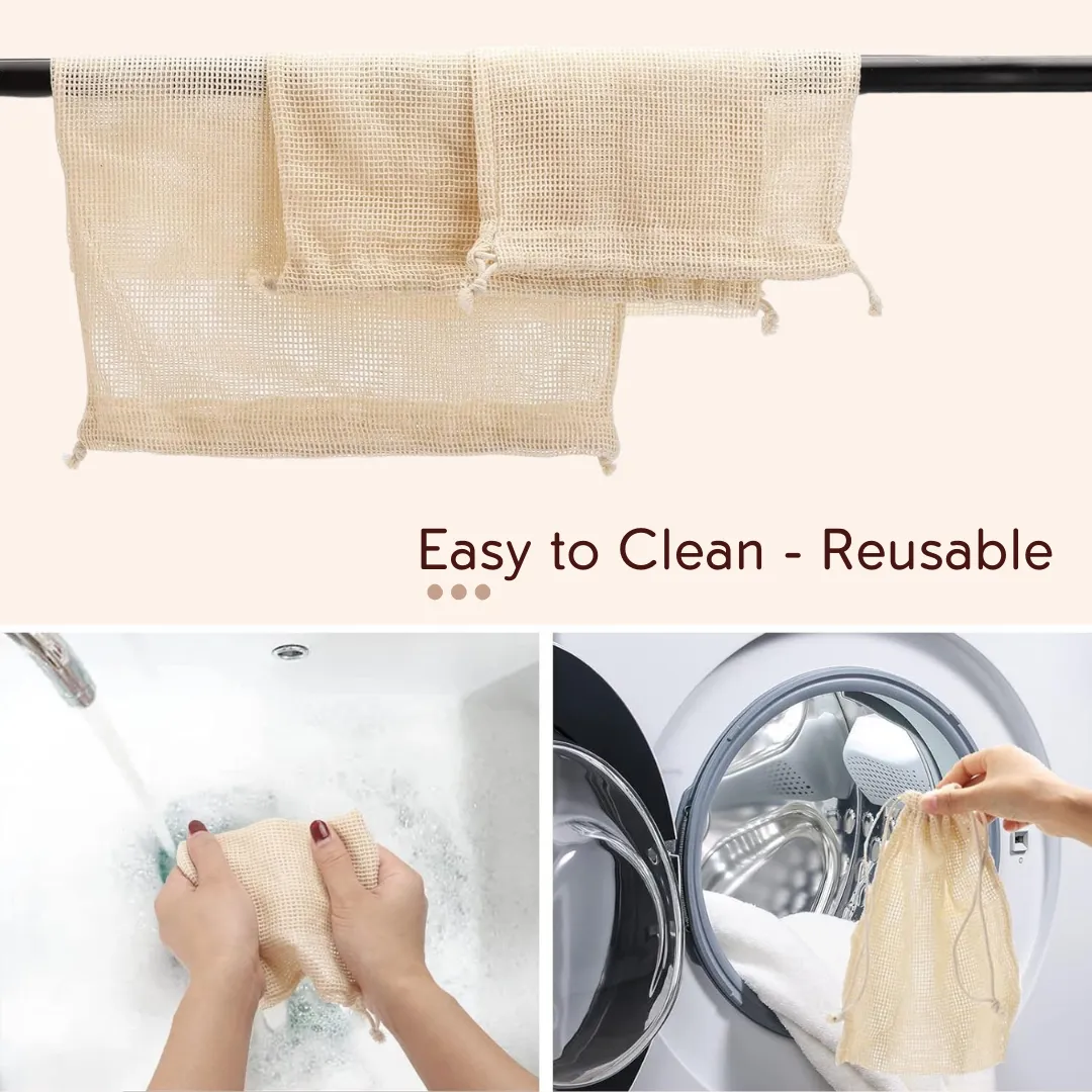 100% Cotton Mesh Net Vegetable Fruit Fridge Bag | Eco-friendly Natural White Washable Reusable Drawstring Zip Bags For Food Storage | Multipurpose Kitchen Organizer Grocery Bags
