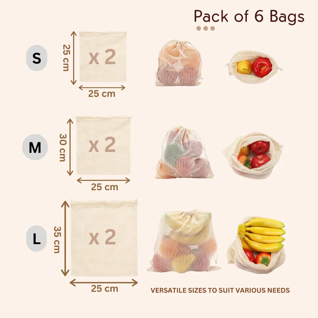 100% Cotton Mesh Net Vegetable Fruit Fridge Bag | Eco-friendly Natural White Washable Reusable Drawstring Zip Bags For Food Storage | Multipurpose Kitchen Organizer Grocery Bags