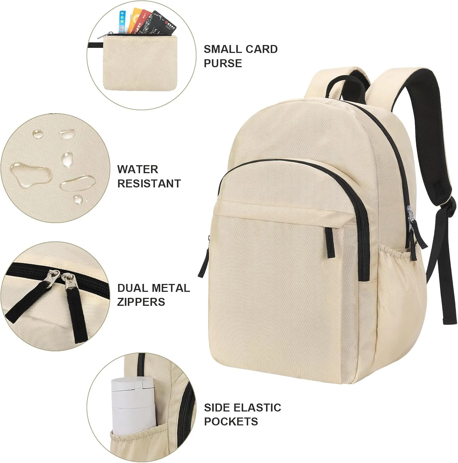 15.6 inch Basic Black Backpack for Men, Travel Backpack Carry on, Water Resistant School Backpacks Bookbag (Beige)