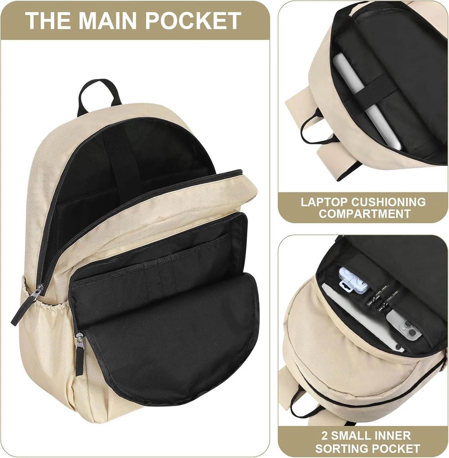 15.6 inch Basic Black Backpack for Men, Travel Backpack Carry on, Water Resistant School Backpacks Bookbag (Beige)