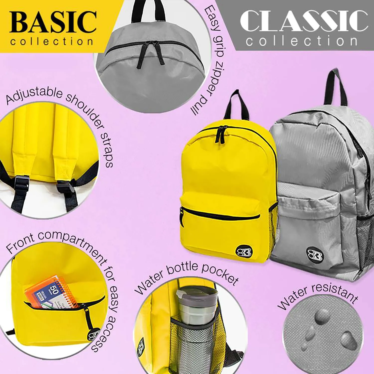 16" Basic Backpack, Gray, Pack of 2