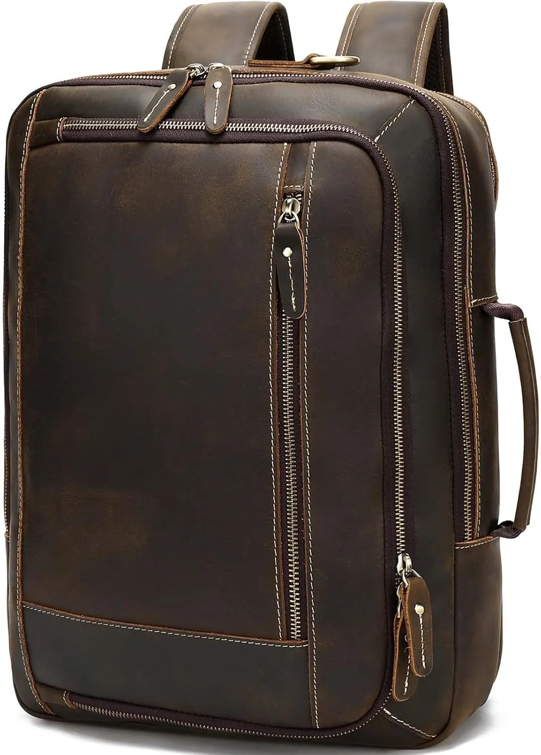 2 in 1 Vintage Expandable Leather Backpack For Men, Large Shoulder Crossbody Briefcase Work Travel Hiking Rucksack fits 16" Laptop