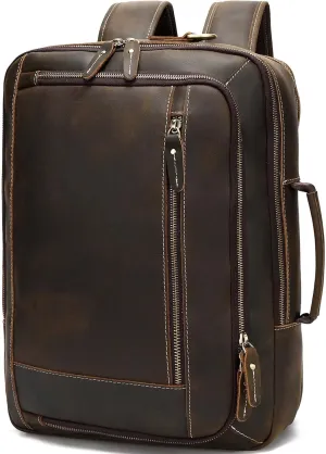 2 in 1 Vintage Expandable Leather Backpack For Men, Large Shoulder Crossbody Briefcase Work Travel Hiking Rucksack fits 16" Laptop