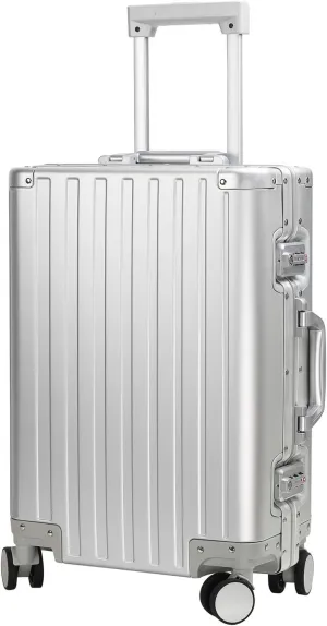 20-inch Aluminum Carry-On Suitcase: Silver - Full Metal Shell - Crush-Resistant & Burst-Proof, TSA Lock & Spinner Wheels for Business Travel - Men Women