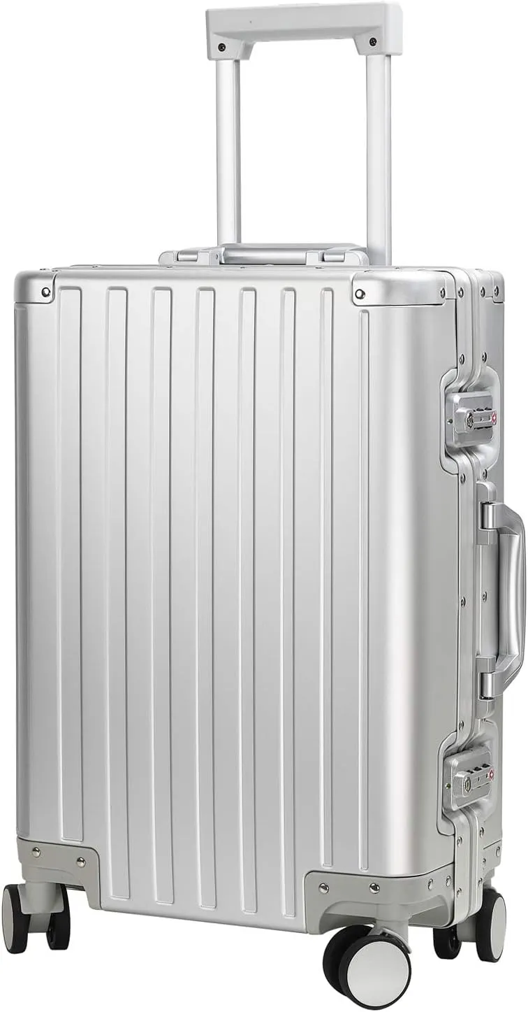 20-inch Aluminum Carry-On Suitcase: Silver - Full Metal Shell - Crush-Resistant & Burst-Proof, TSA Lock & Spinner Wheels for Business Travel - Men Women