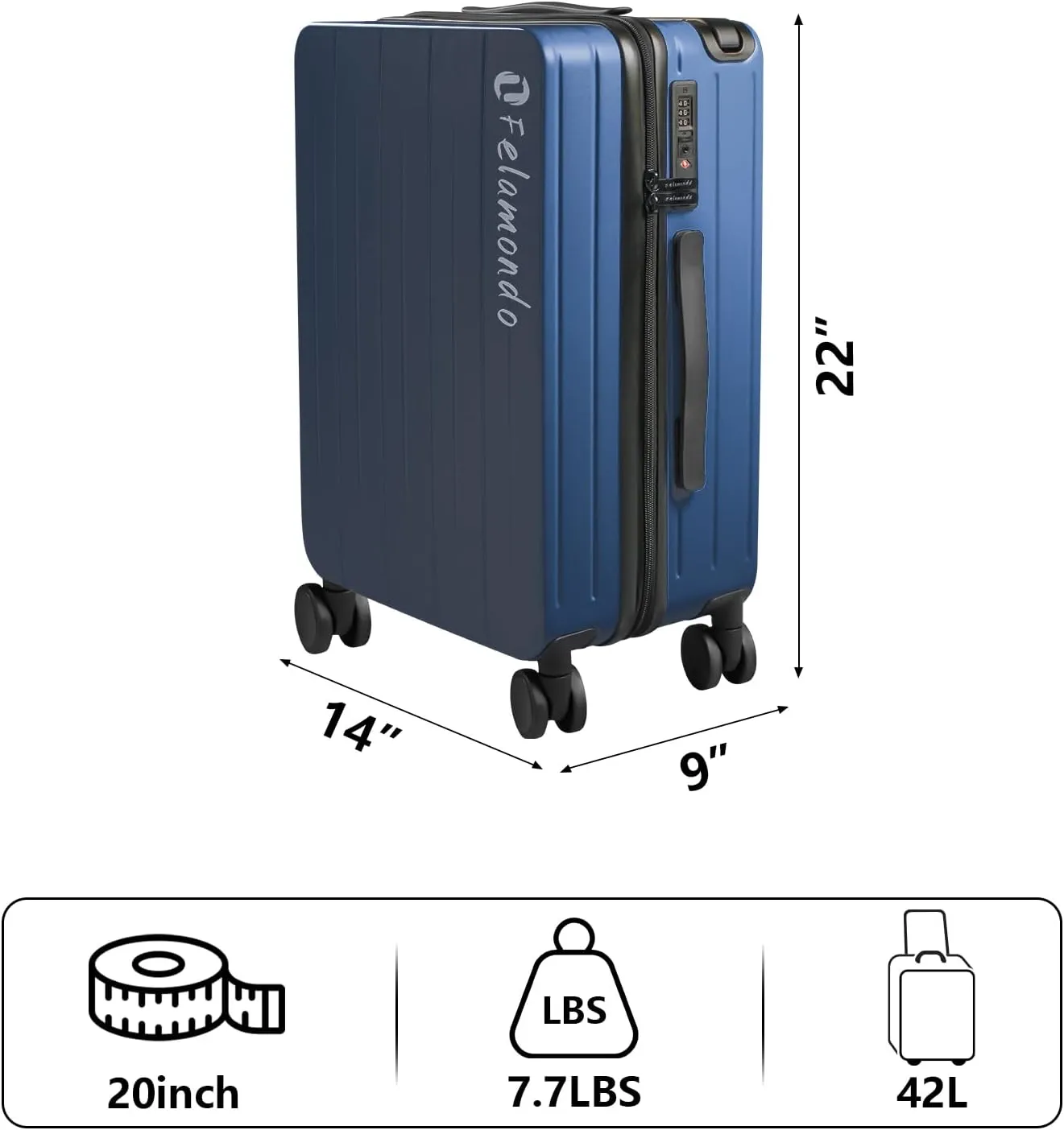 20-Inch Carry-On Luggage, Lightweight Durable PC Suitcase with TSA Lock, 360° Silent Wheels, Expandable Wide Handle Business Travel Suitcase for Airplane(Blue)