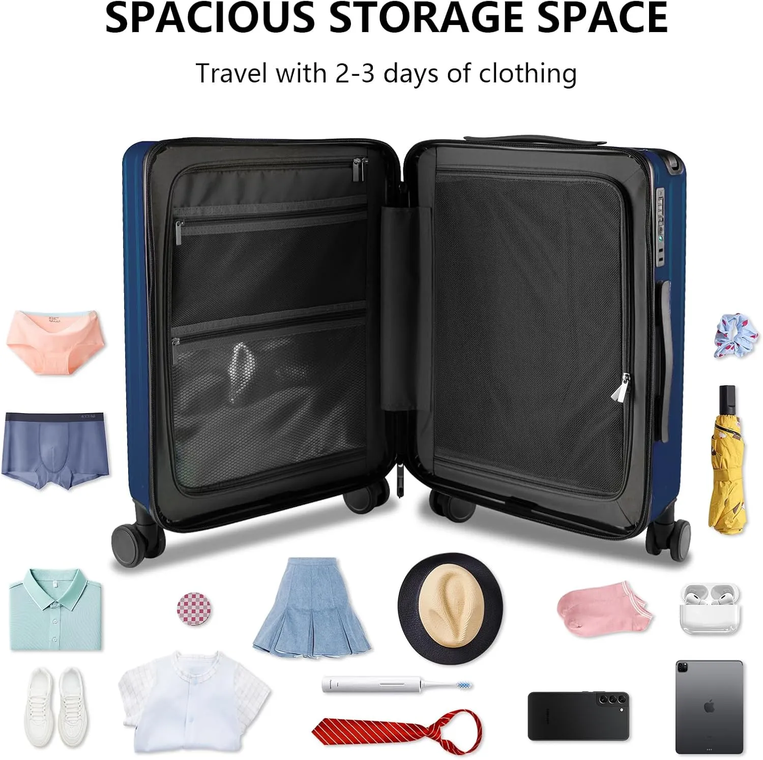 20-Inch Carry-On Luggage, Lightweight Durable PC Suitcase with TSA Lock, 360° Silent Wheels, Expandable Wide Handle Business Travel Suitcase for Airplane(Blue)