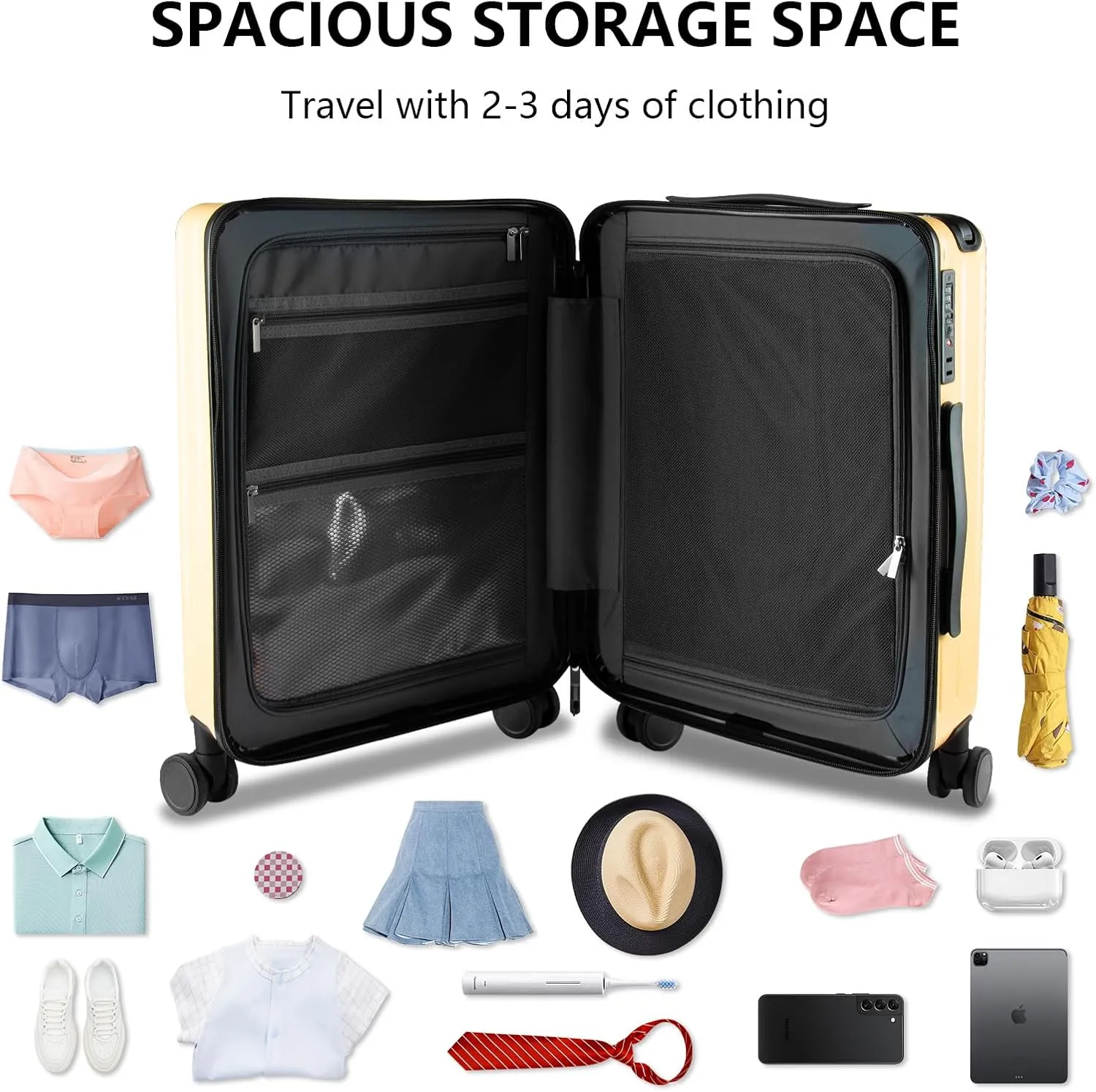 20-Inch Carry-On Luggage, Lightweight Durable PC Suitcase with TSA Lock, 360° Silent Wheels, Expandable Wide Handle Business Travel Suitcase for Airplane(Yellow)