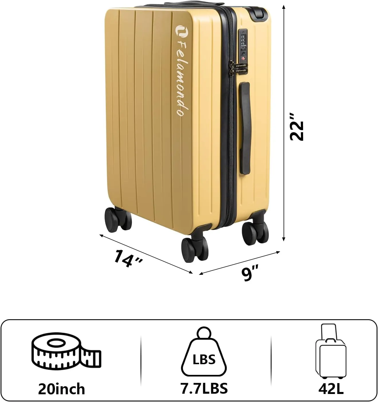20-Inch Carry-On Luggage, Lightweight Durable PC Suitcase with TSA Lock, 360° Silent Wheels, Expandable Wide Handle Business Travel Suitcase for Airplane(Yellow)