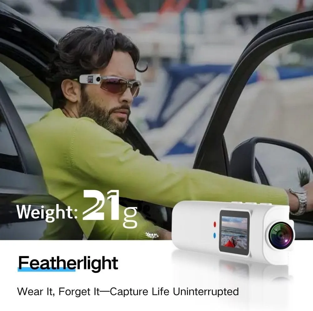 2.7K Ultra-Light Head Mounted Camera Glasses, 21g Glasses with Camera, Compatible Action Cam with Hands-Free POV for Travelers/Business (White64G)