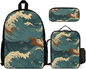 3-in-1 Backpack Combo Set, Japan Wave Wallpapers Print Backpack And Lunch-bag Backpack with Lunch Bag 3 Piece Set Backpack Lunch Bag Combo