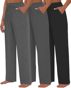 3 Pack Womens Yoga Sweatpants Wide Leg Lounge Pajamas Pants Drawstring Workout Comfy Joggers Sweatpants Pants Pockets