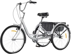3 Wheel Bikes for Adults, 7 Speed Tricycles for Adults, 24 inch Adult Tricycles for Women Men Seniors with Dual Chain, Rear Basket and Bag, Adult Trikes for Shopping, Beach and City, Blue