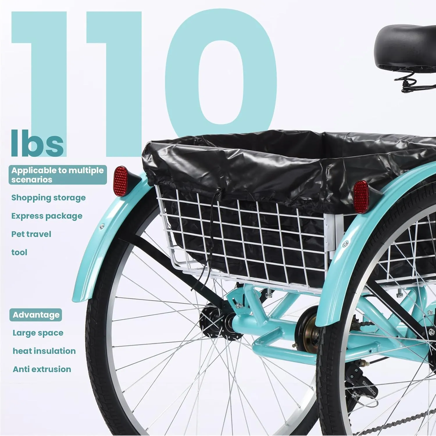 3 Wheel Bikes for Adults, 7 Speed Tricycles for Adults, 24 inch Adult Tricycles for Women Men Seniors with Dual Chain, Rear Basket and Bag, Adult Trikes for Shopping, Beach and City, Blue