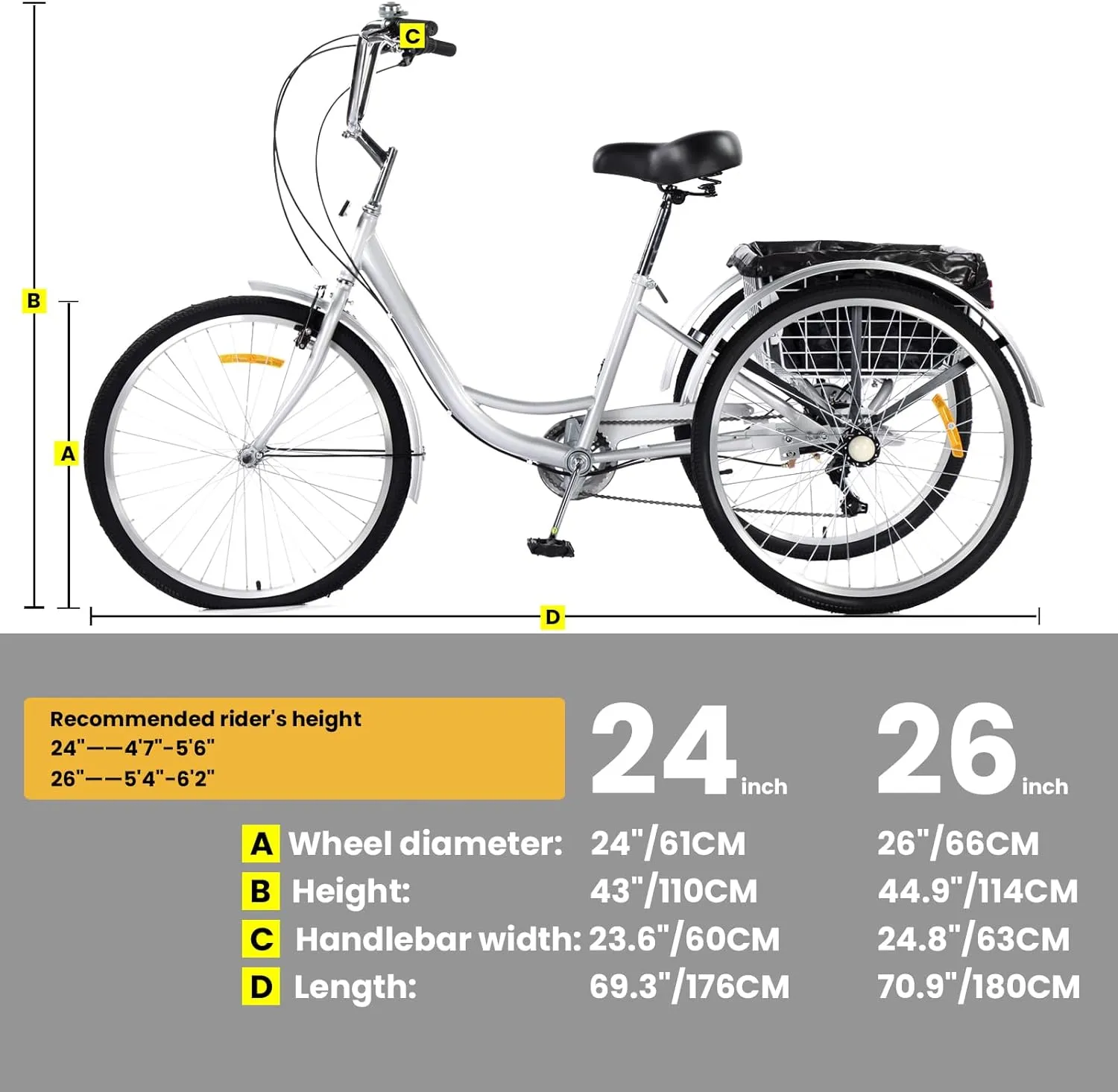 3 Wheel Bikes for Adults, 7 Speed Tricycles for Adults, 24 inch Adult Tricycles for Women Men Seniors with Dual Chain, Rear Basket and Bag, Adult Trikes for Shopping, Beach and City, Blue