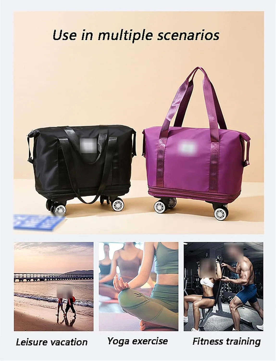 360° Spinner Luggage Duffle Bag - Extra Large Expandable Gym Bag, Silent Multi-Directional Wheels & Retractable Handle, Water-Resistant Oxford Fabric for Travel, Fitness, Business(Black)