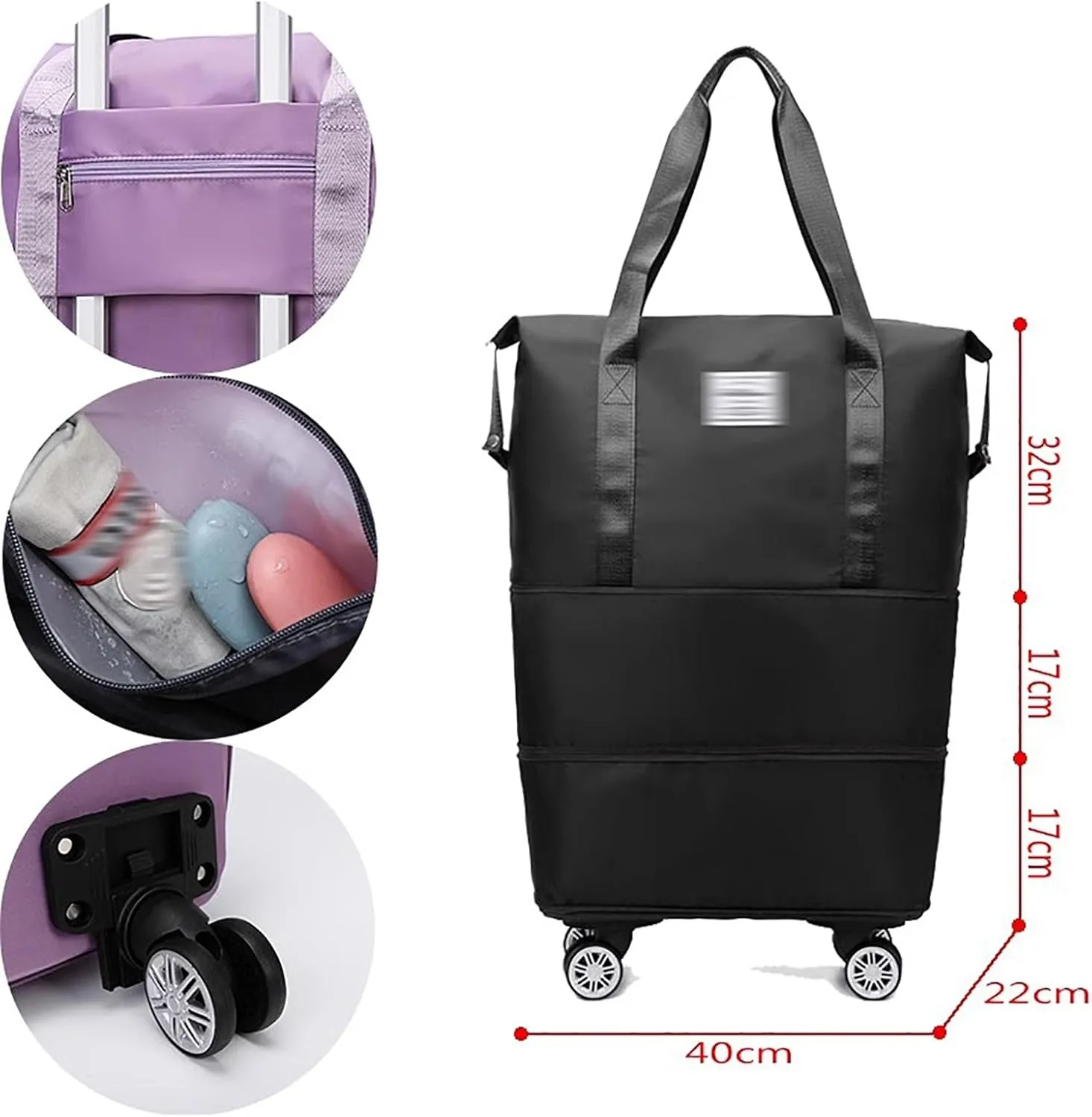 360° Spinner Luggage Duffle Bag - Extra Large Expandable Gym Bag, Silent Multi-Directional Wheels & Retractable Handle, Water-Resistant Oxford Fabric for Travel, Fitness, Business(Black)