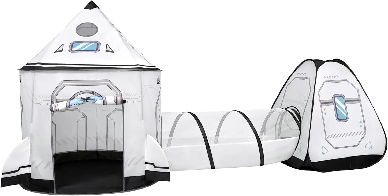 3pcs Rocket Ship Pop up Play Tent with Tunnel and Ball Pit for Kids, Indoor & Outdoor Spaceship Playhouse Tent Set, Perfect Kid’s Gifts
