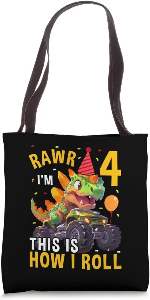 4th Birthday Monster Truck Boys Party 4 Year Old Kids Tote Bag
