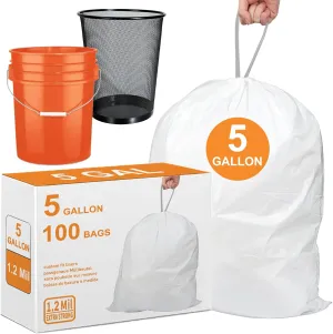 5 Gallon Heavy Duty Trash Bags 1.2 Mil THICK Reinforced Drawstring | Pre-Separated Liners for Kitchen, Bedroom, Bathroom Office for 5 Gallon Bucket & Mesh Trash Can | Tear & Leak Resistant 100 Count