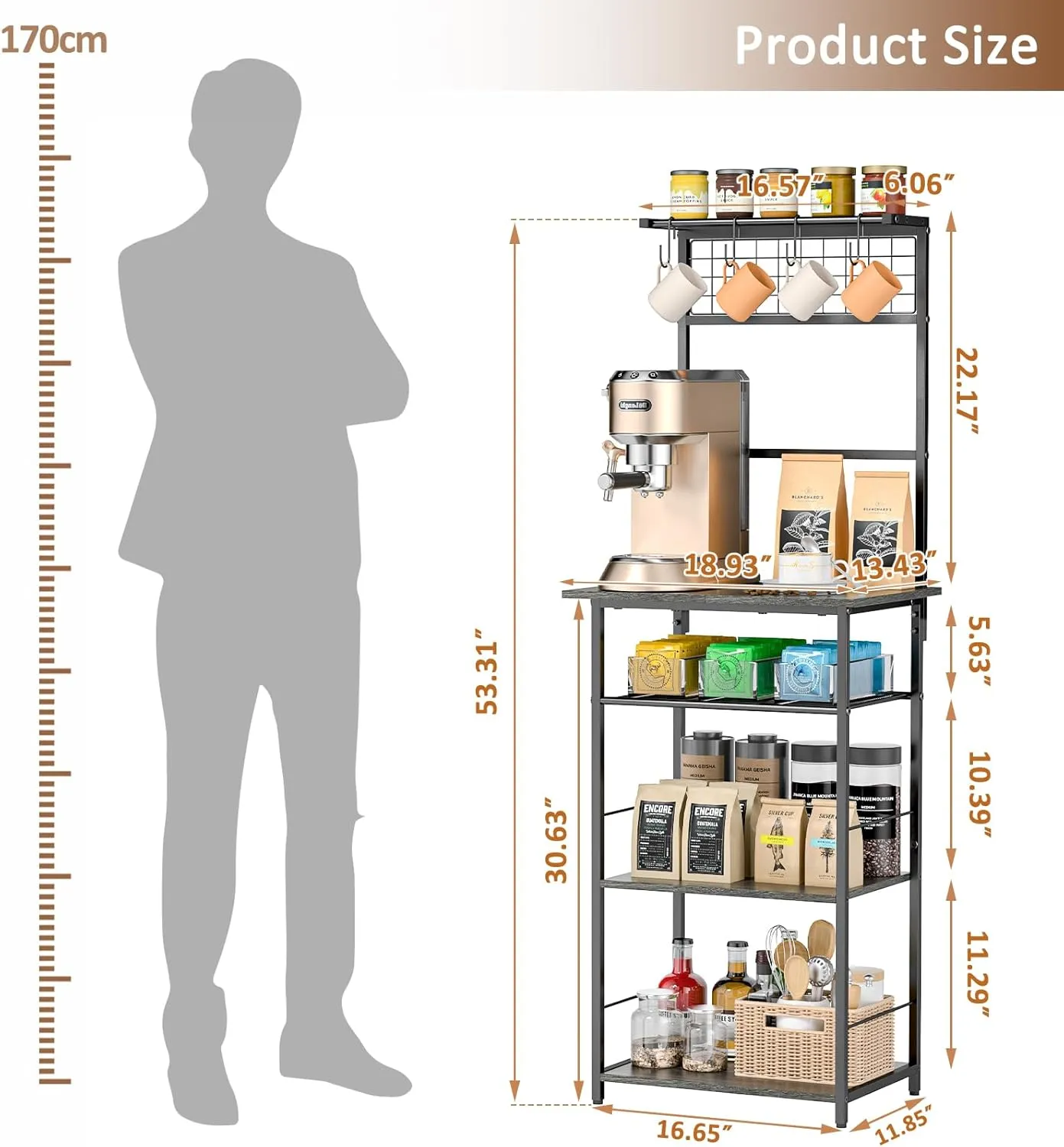 5 Tier Coffee Bar Station With 4 S-Shaped Hooks, Farmhouse Corner Stand for Small Spaces, Bakers Rack for Kitchen, Entryway, Living Room, 13.43"D x 18.93"W x 53.31"H, Gray