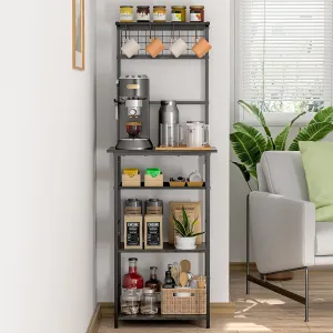 5 Tier Coffee Bar Station With 4 S-Shaped Hooks, Farmhouse Corner Stand for Small Spaces, Bakers Rack for Kitchen, Entryway, Living Room, 13.43"D x 18.93"W x 53.31"H, Gray