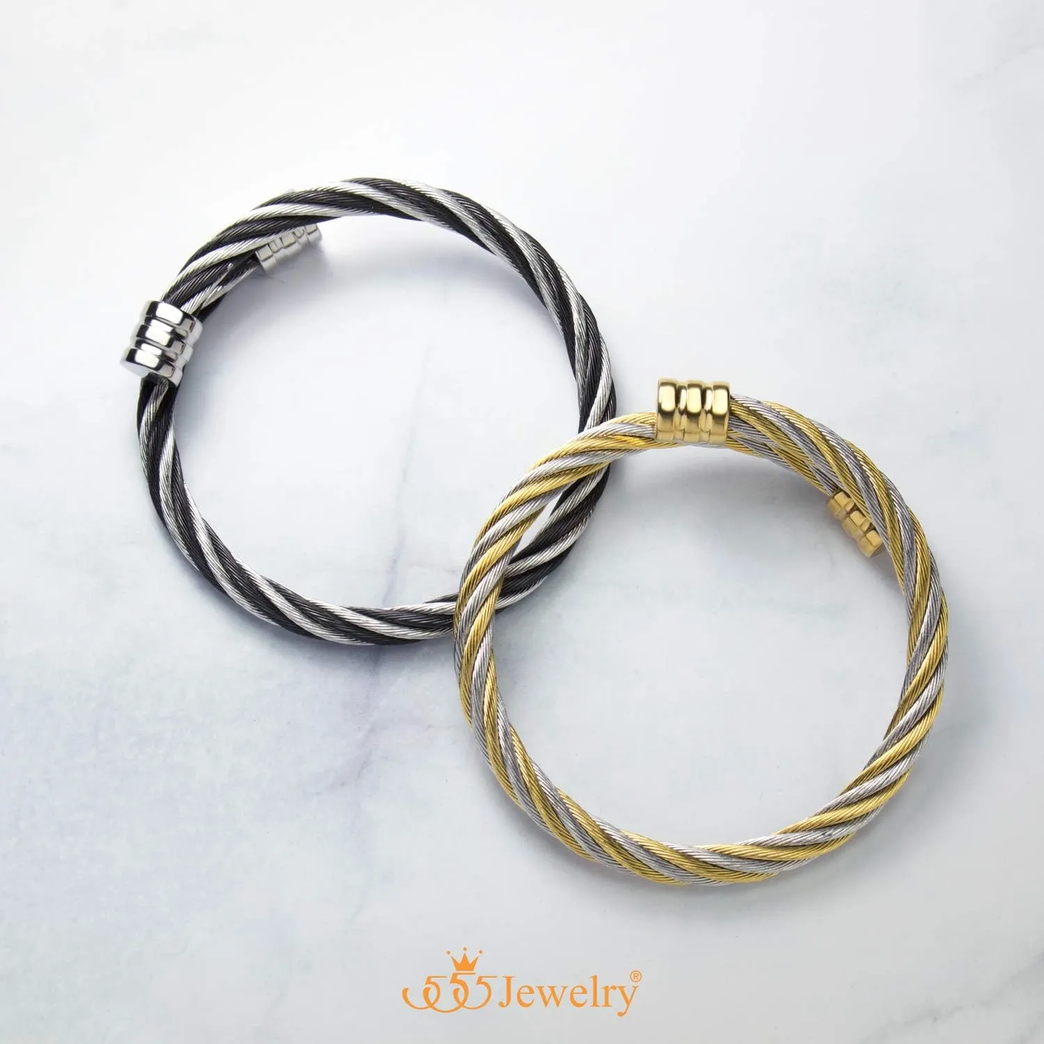555Jewelry 2 Tone Adjustable Twisted Cable Wire Bangle Bracelet Cuff for Women & Men