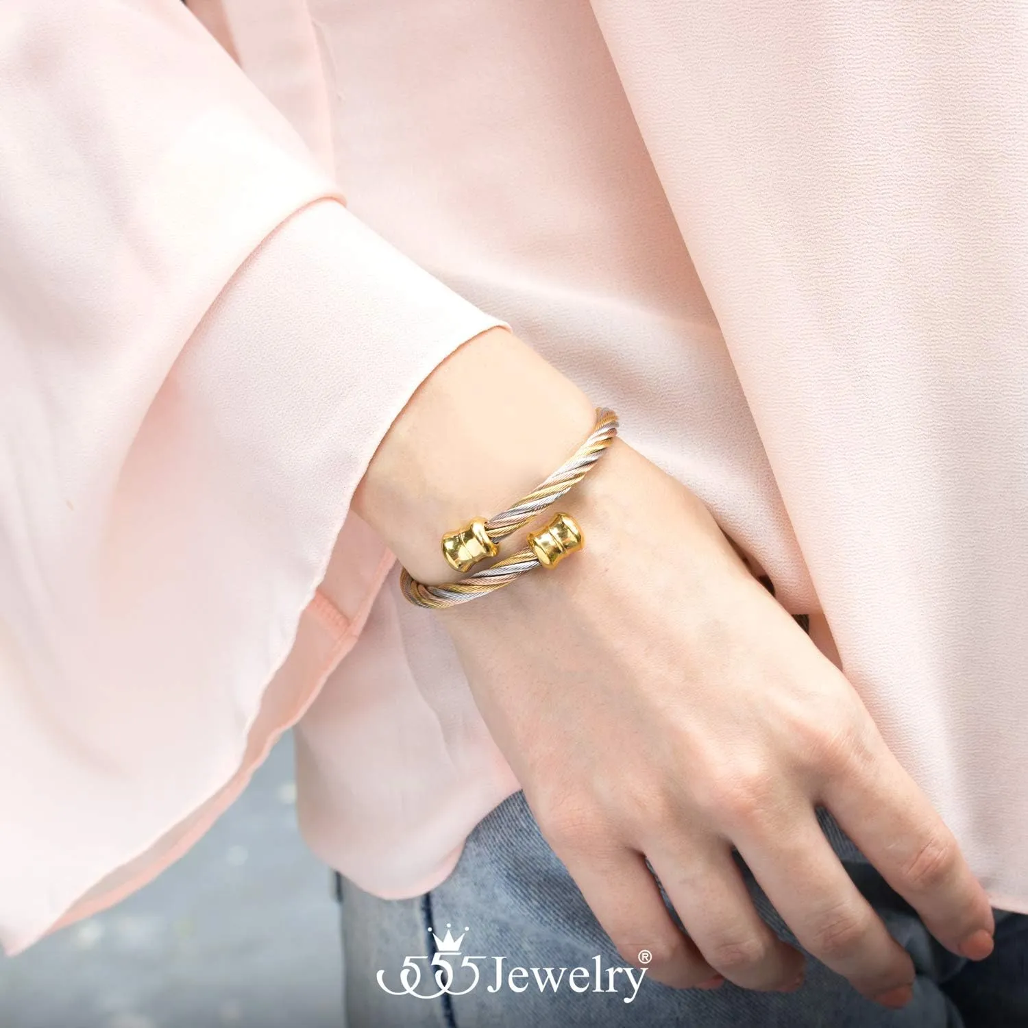 555Jewelry 2 Tone Adjustable Twisted Cable Wire Bangle Bracelet Cuff for Women & Men