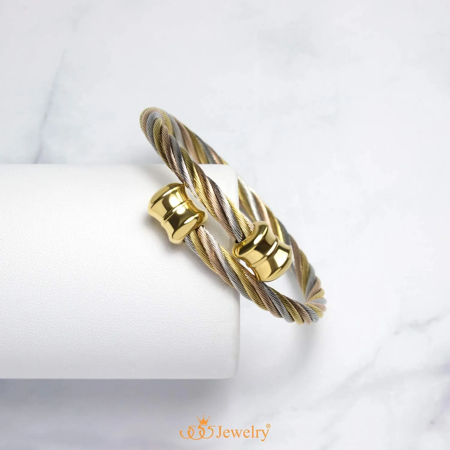 555Jewelry 2 Tone Adjustable Twisted Cable Wire Bangle Bracelet Cuff for Women & Men