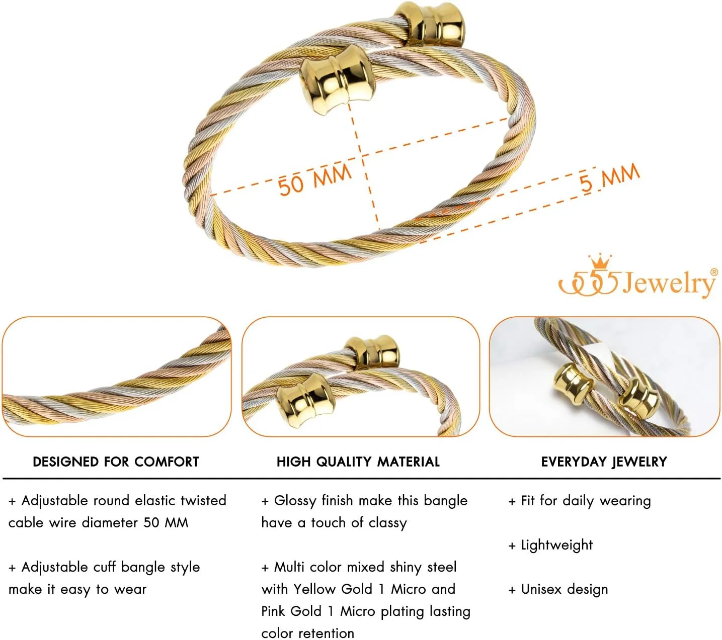 555Jewelry 2 Tone Adjustable Twisted Cable Wire Bangle Bracelet Cuff for Women & Men