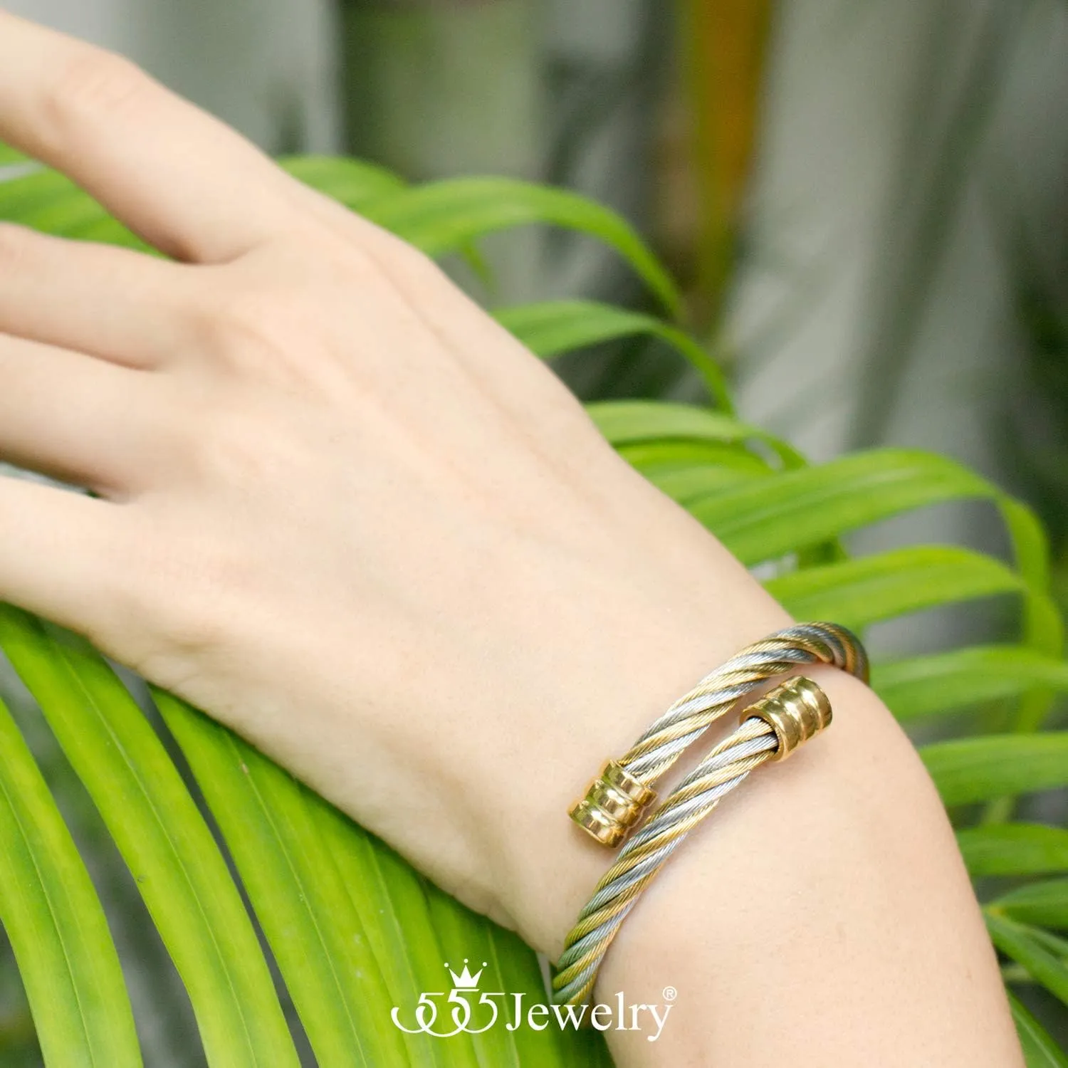 555Jewelry 2 Tone Adjustable Twisted Cable Wire Bangle Bracelet Cuff for Women & Men