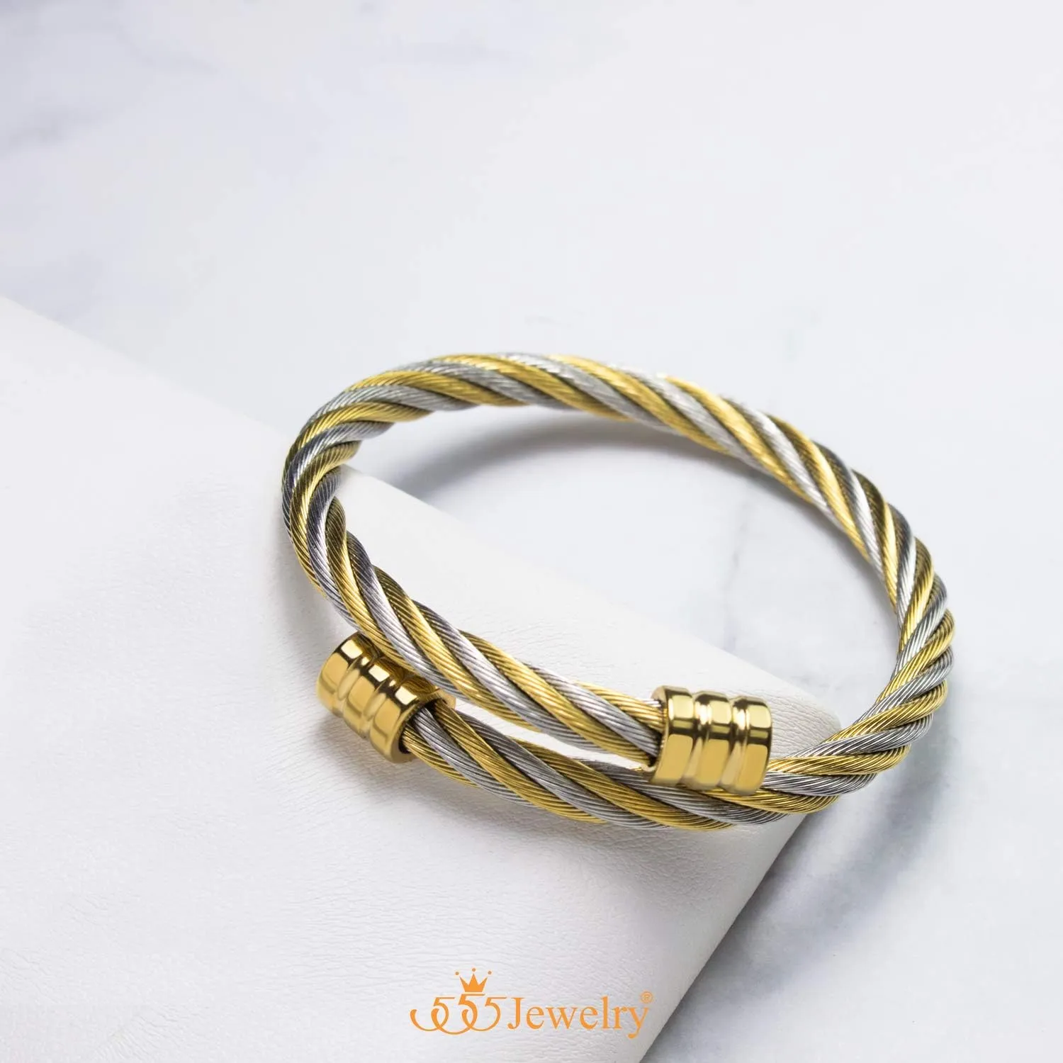 555Jewelry 2 Tone Adjustable Twisted Cable Wire Bangle Bracelet Cuff for Women & Men