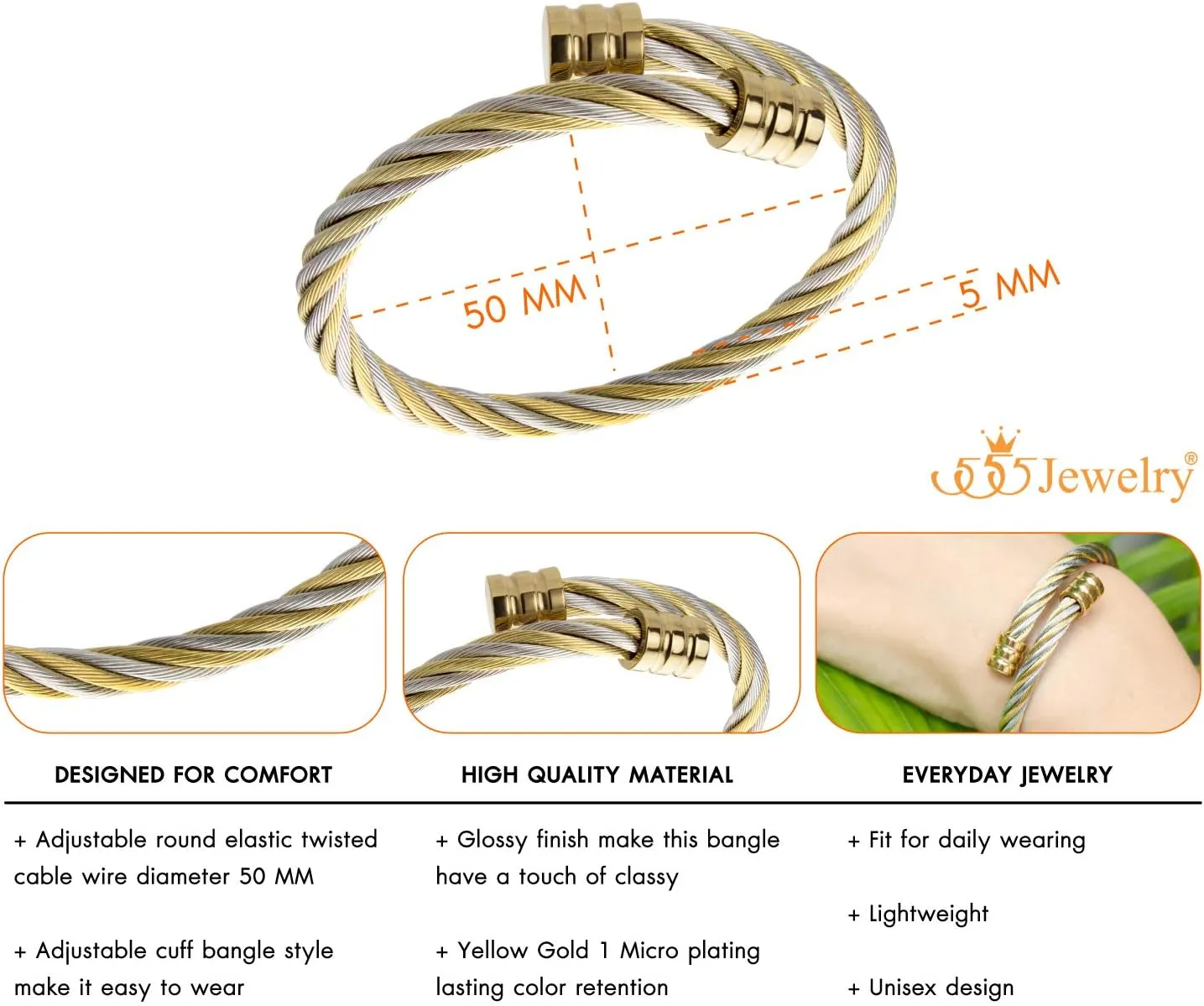 555Jewelry 2 Tone Adjustable Twisted Cable Wire Bangle Bracelet Cuff for Women & Men