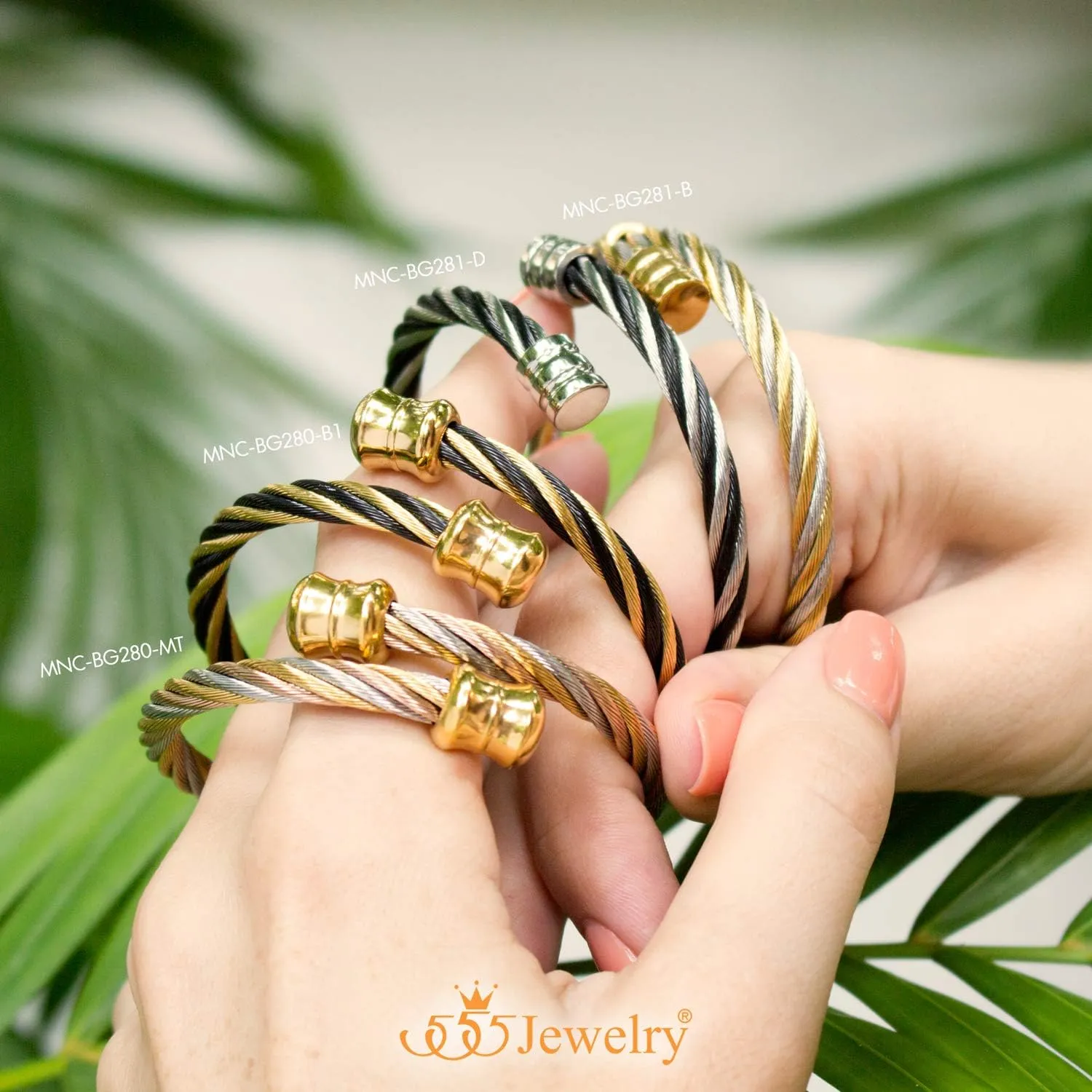 555Jewelry 2 Tone Adjustable Twisted Cable Wire Bangle Bracelet Cuff for Women & Men
