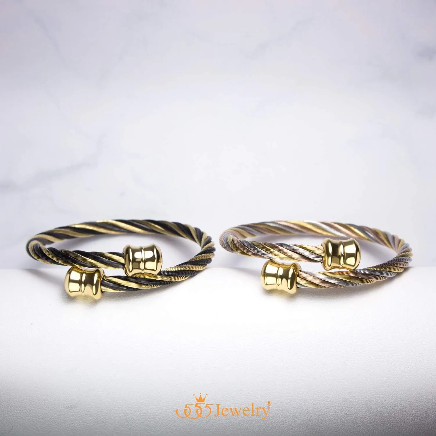 555Jewelry 2 Tone Adjustable Twisted Cable Wire Bangle Bracelet Cuff for Women & Men