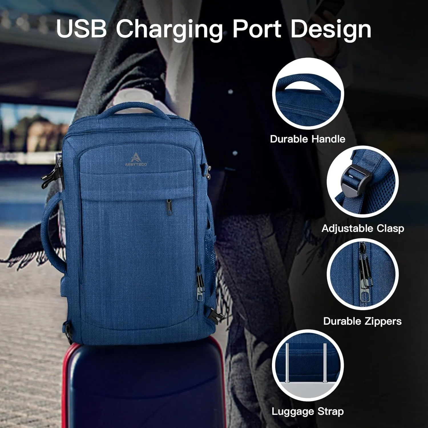 55L Big Capacity Carry On Laptop Backpack Large Travel Backpack for Men, Expandable Water Resistant Overnight Weekender Luggage Gym Daypack Rucksack Traveling Backpack, Traveler Gifts, Blue