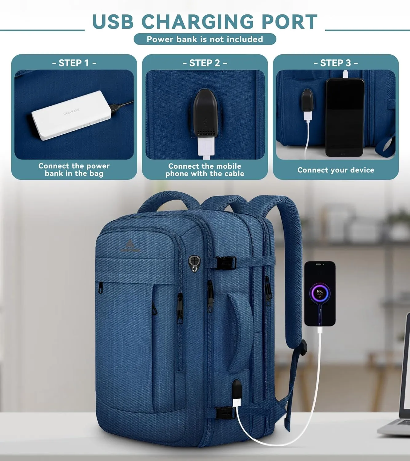 55L Big Capacity Carry On Laptop Backpack Large Travel Backpack for Men, Expandable Water Resistant Overnight Weekender Luggage Gym Daypack Rucksack Traveling Backpack, Traveler Gifts, Blue
