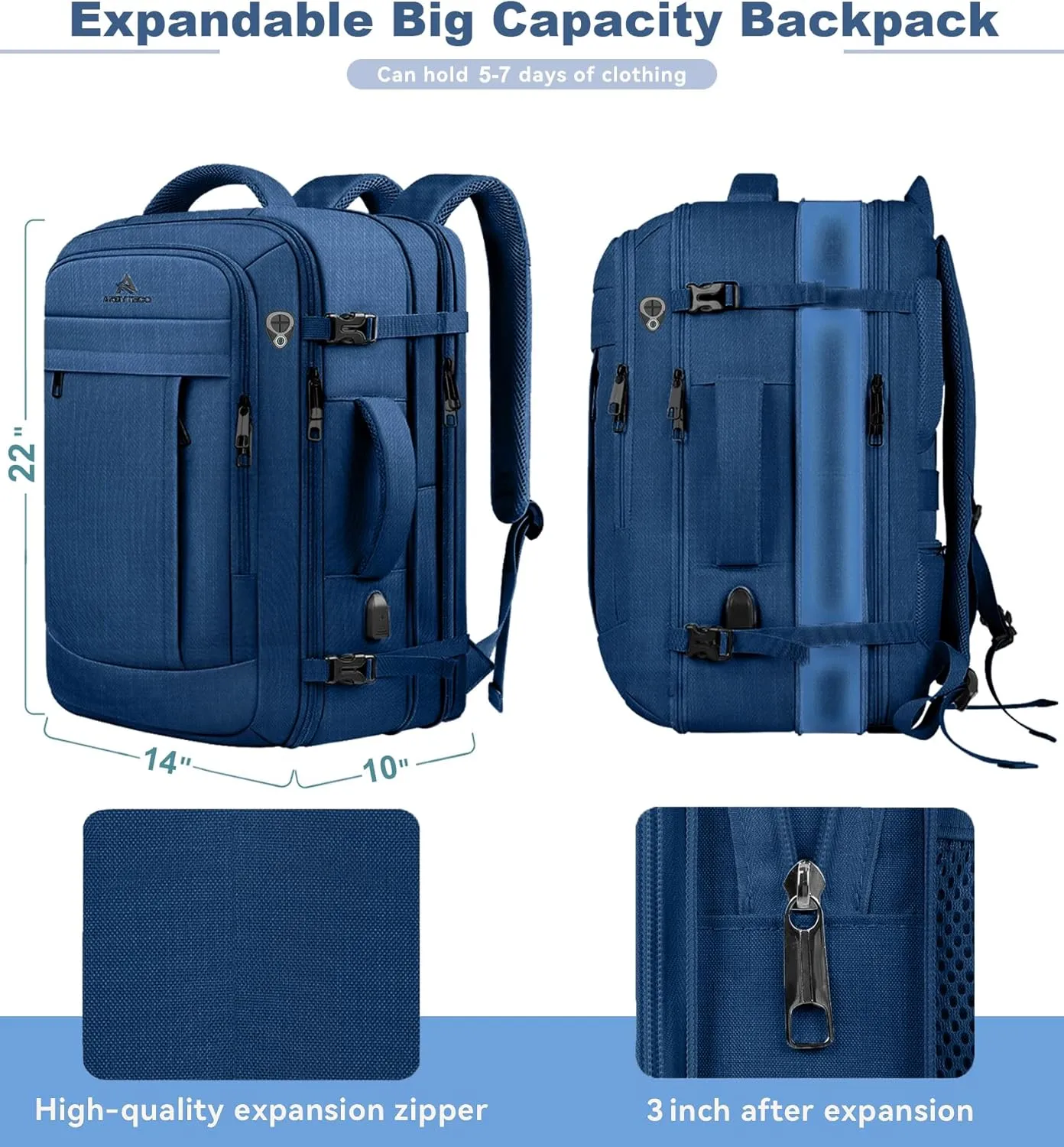 55L Big Capacity Carry On Laptop Backpack Large Travel Backpack for Men, Expandable Water Resistant Overnight Weekender Luggage Gym Daypack Rucksack Traveling Backpack, Traveler Gifts, Blue