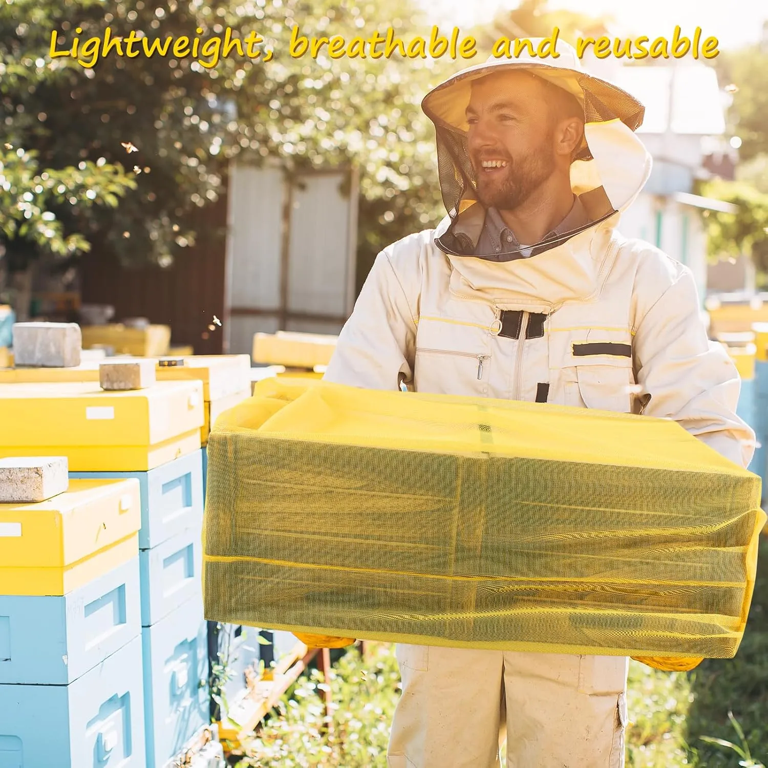 5pcs Bee Hive Mesh Transport Bags with Drawstrings, Breathable Bee Nuc Transfer Bag, Durable Bee Hive Bags for Beekeepers Transport Safely Yellow Bee Hive Transport Bags