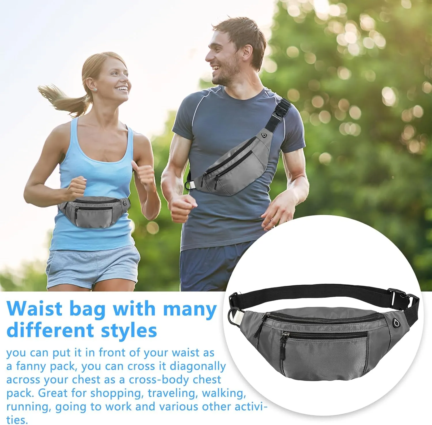 5PCS Crossbody Fanny Pack Large Capacity Waist Bag with Hidden Zipper Pockets Adjustable Strap Fanny Packs Waterproof Oxford Cloth Travel Belt Bag for Outdoor Shopping Travel Men Women,Gray