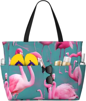 A flock of flamingos Print 28L Beach Tote Bag, Water-resistant Travel Tote, Lightweight Gym & Camping Carryall