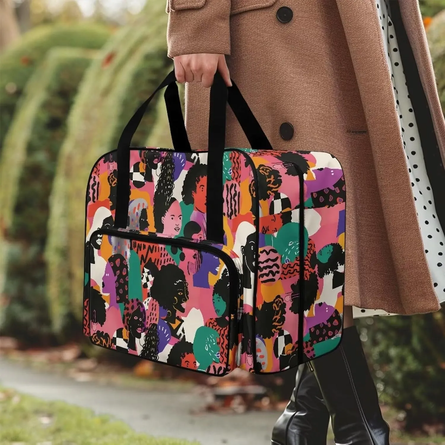 Abstract Art Face Print Sewing Machine Case Universal Travel Tote Organizer for Sewing Machine and Accessories with Comfortable Handle and Front Pocket