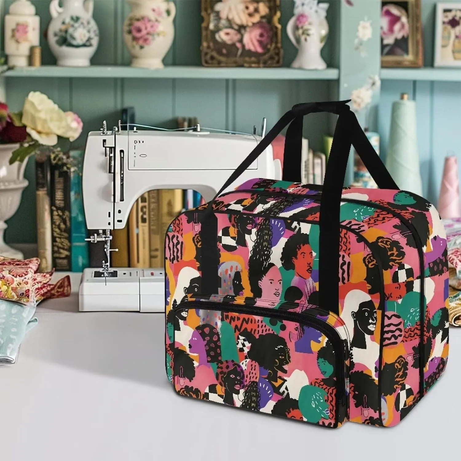 Abstract Art Face Print Sewing Machine Case Universal Travel Tote Organizer for Sewing Machine and Accessories with Comfortable Handle and Front Pocket