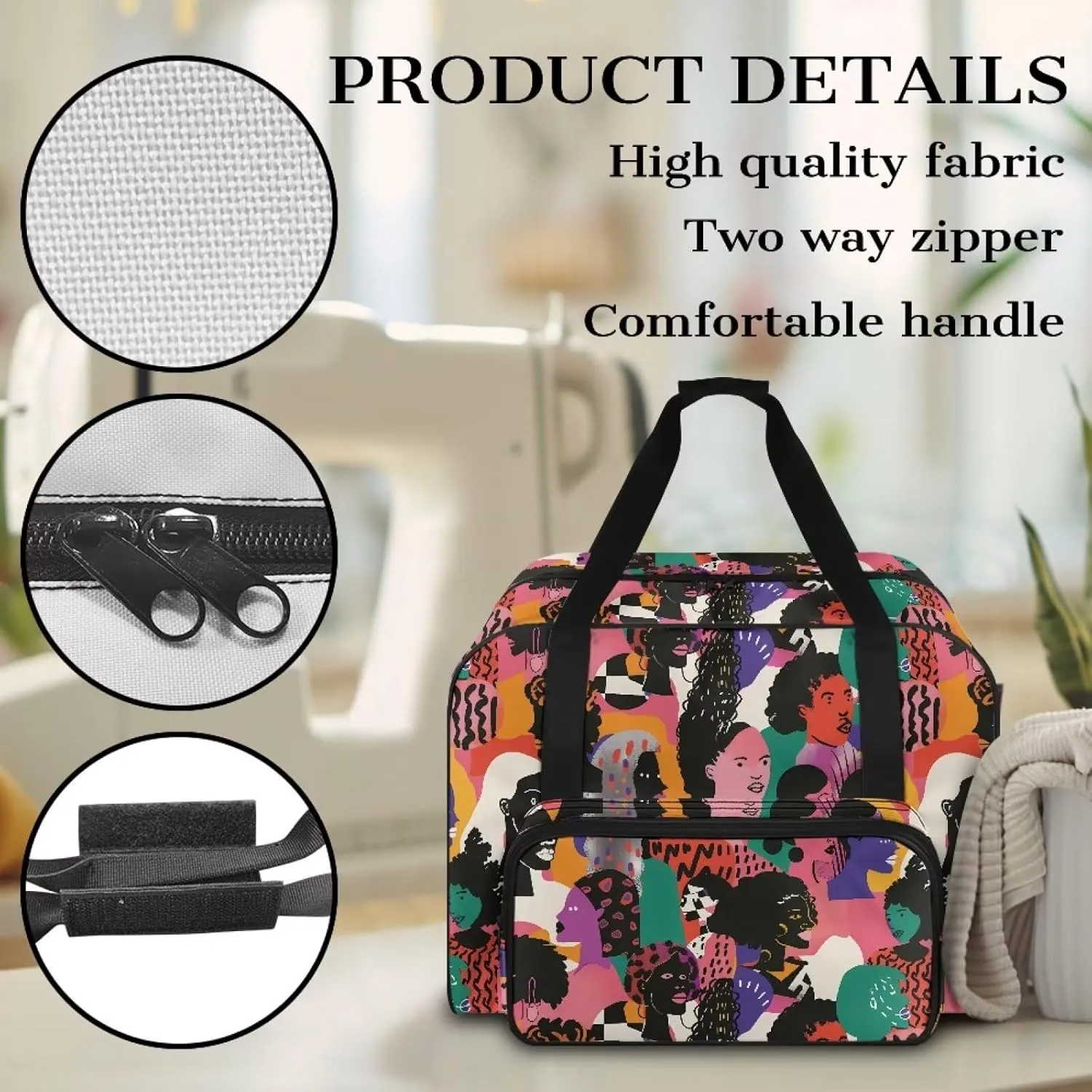 Abstract Art Face Print Sewing Machine Case Universal Travel Tote Organizer for Sewing Machine and Accessories with Comfortable Handle and Front Pocket